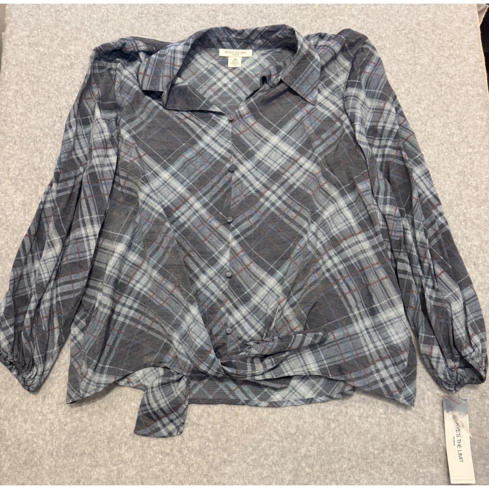 Skye's The Limit Woman 3X Navy Gray Plaid Tie‎ Front Button Down Blouse NWT
